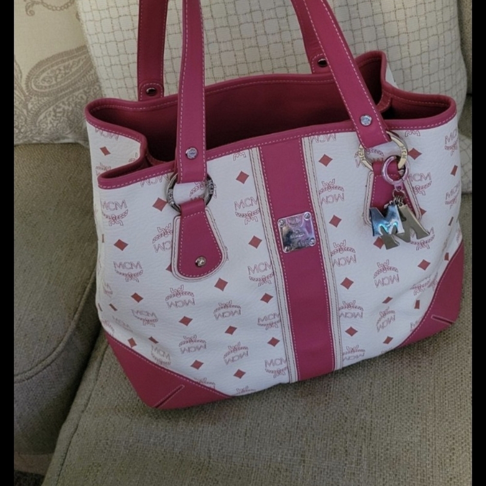 MCM super UNIQUE white w/ Pink Leather Trim and Logo